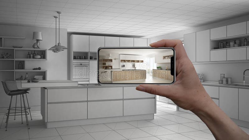 Remettez tenir le téléphone intelligent, application de l'AR, simulez les meubles et les produits de conception intérieure dans l photo libre de droits Remettez tenir le téléphone intelligent, application de l'AR, simulez les meubles et les produits de conception intérieure dans l photo libre de droits