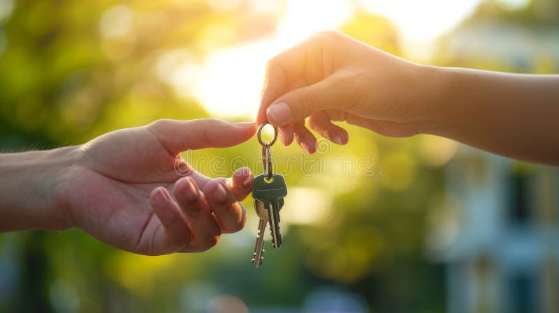 Sun-kissed key handover representing a real estate purchase. Concept of property sale, new homeowner, real estate agreement, and investment. AI generated. Sun-kissed key handover representing a real estate purchase. Concept of property sale, new homeowner, real estate agreement, and investment. AI generated