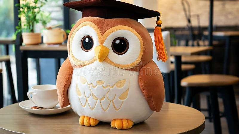 Remise des diplômes owl pelush toy sur la table de café avec café célébrant la réussite scolaire dans un cadre confortable illustration stock