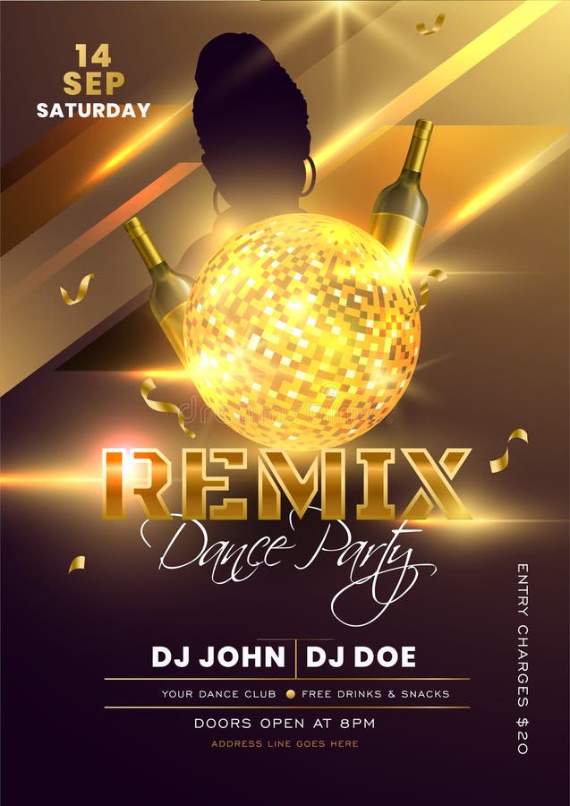 Remix Tanz Party Einladung Flyer Design Mit Shiny Golden Disco Ball Und Champagner Flaschen Auf Licht Effekt Stockbild Bild Von Effekt Einladung