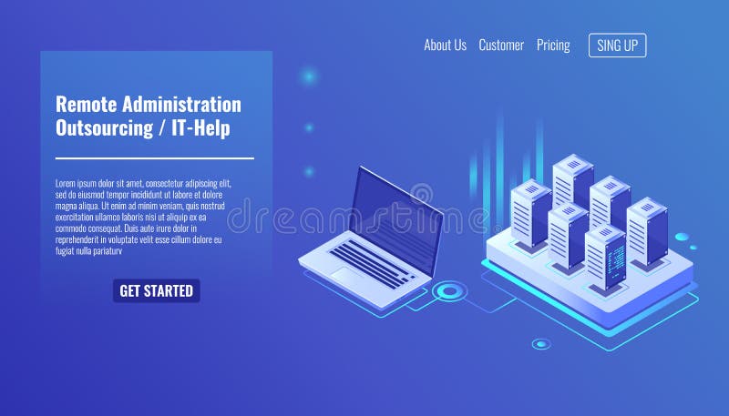 Remote administration service, outsourcing concept, it help, server room rack, database query isometric vector vector illustration Remote administration service, outsourcing concept, it help, server room rack, database query isometric vector vector illustration