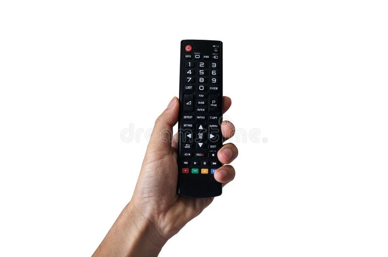 A Hand Holding a Television Remote Control on a White Background. Stock