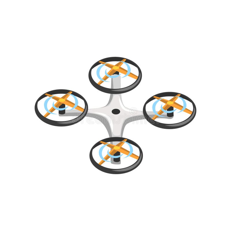 Remote controlled drone with four orange propellers and gray body. Flat vector icon of quadrocopter. Flying device vector illustration Remote controlled drone with four orange propellers and gray body. Flat vector icon of quadrocopter. Flying device vector illustration