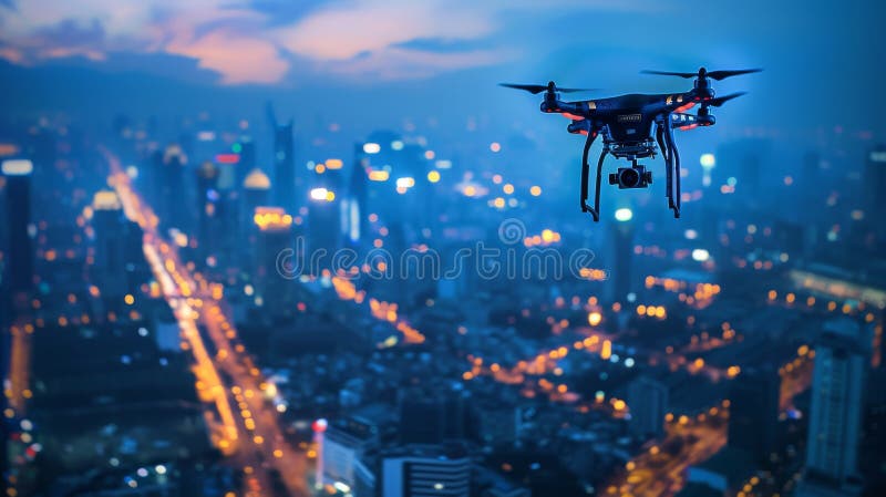 Remote Controlled Drone Flying Over City at Night royalty free stock images