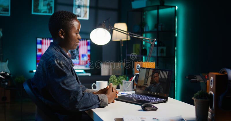 Remote employee calls manager remotely using internet videocall royalty free stock photo