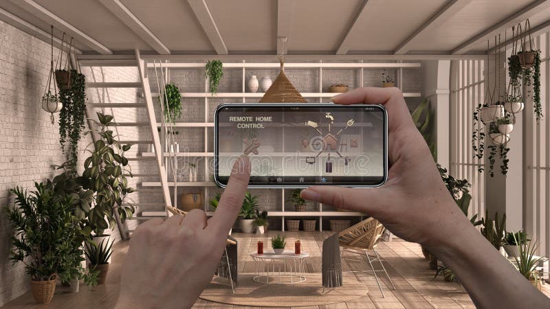Remote home control system on a digital smart phone tablet. Device with app icons. Interior design of modern conservatory, winter royalty free stock image