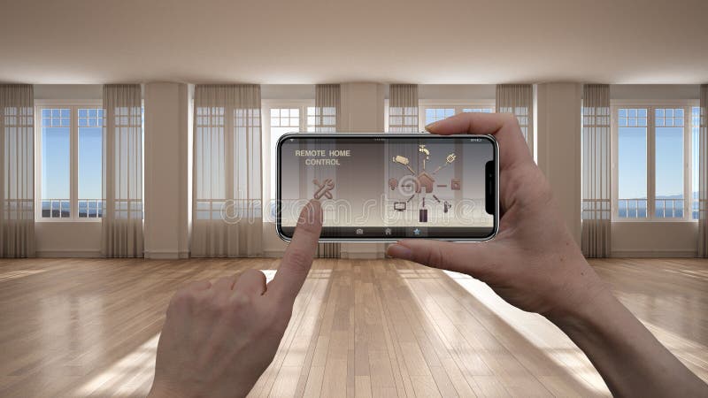 Remote home control system on a digital smart phone tablet. Device with app icons. Interior of empty room with panoramic windows stock image