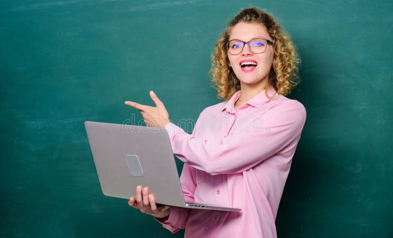 Remote job. Informatics and programming. Online schooling concept. Woman laptop surfing internet. Teacher notebook stock photography