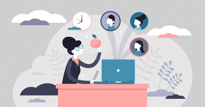 Remote learning vector illustration. Distance school tiny persons concept. stock illustration