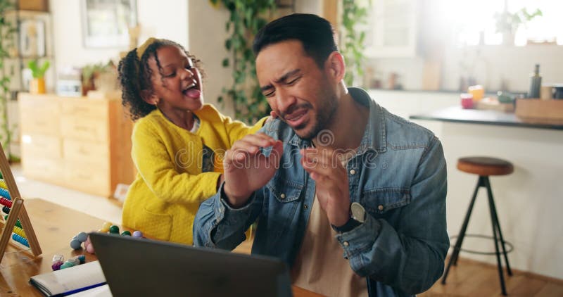 Remote work, child and attention from father on laptop with behavior problem, distraction and overwhelmed in home stock video