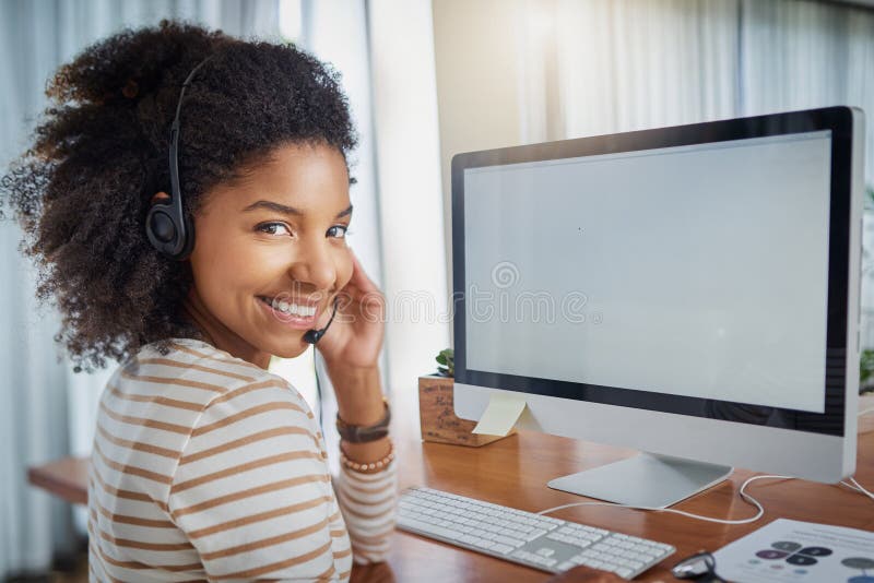 Remote work, computer mockup or black woman in a call center, customer services or online technical support. Mock up