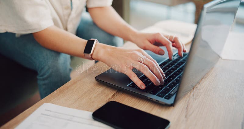 Remote work from home, hands and woman with laptop, internet and research for article. Apartment, freelancer and stock image