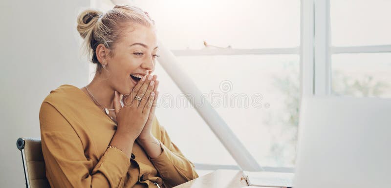 Remote work from home, surprise and woman with laptop, online reading and email notification. Person, creative and royalty free stock photography