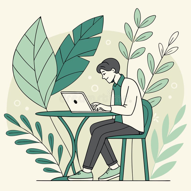 Remote Work Illustration â€\' Man Working on Laptop in Nature Flat Minimalist Style vector illustration