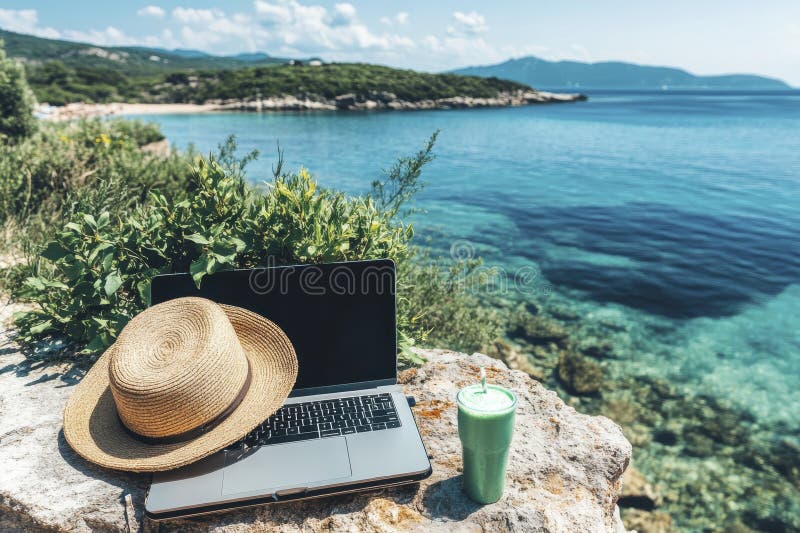 Remote work on a scenic beach with laptop, straw hat, and green smoothie on a sunny day royalty free stock photo