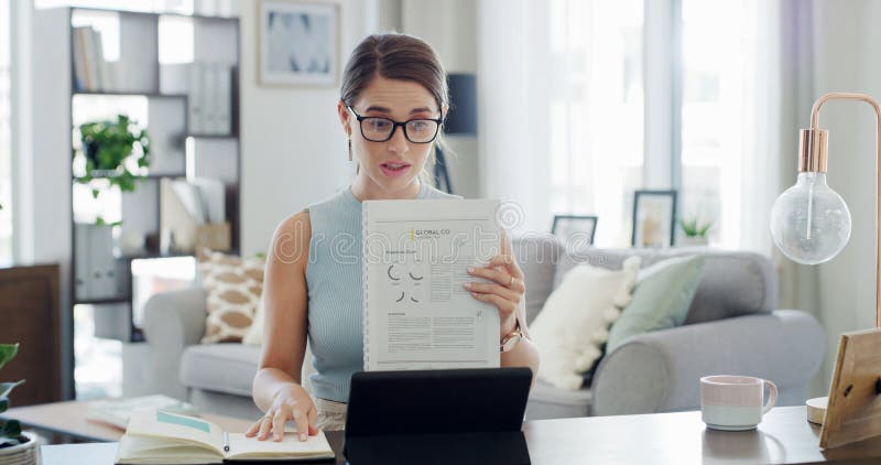 Remote work, tablet and woman with documents, video call and discussion with financial solutions. Home, person and stock image