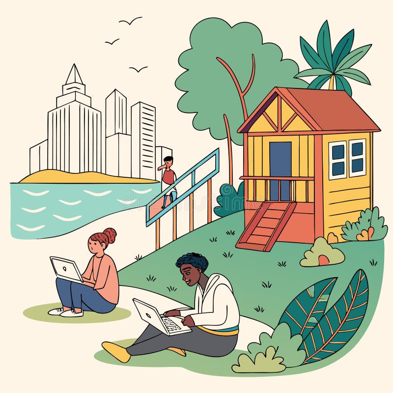 Remote Work Vector Illustration â€\' People Working on Laptops in Nature near Tiny House and Cityscape royalty free illustration
