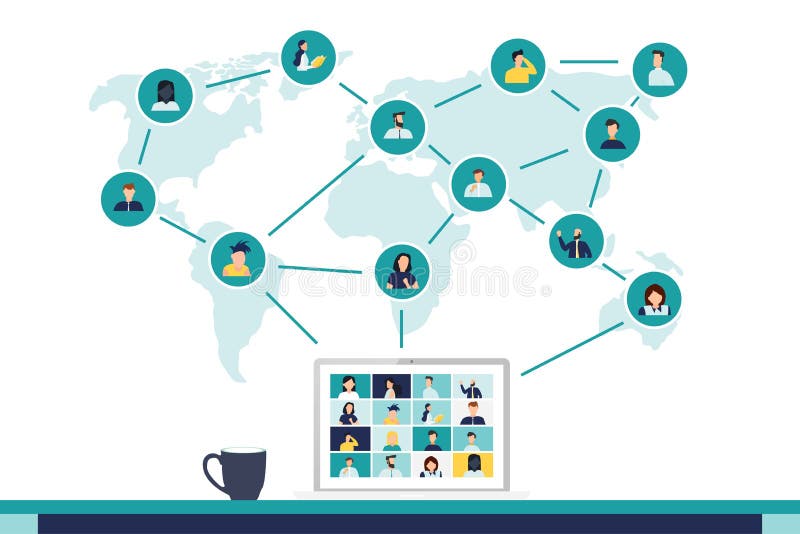 Remote work. Video call conference, working from home, social distancing, business discussion vector illustration