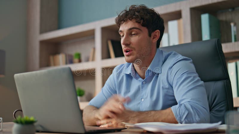 Remote worker greeting partner on video call closeup. Busy accountant talk web stock photography