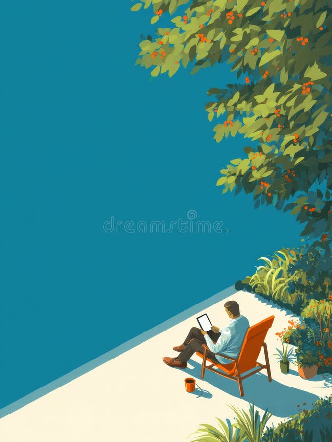 Remote Worker Sitting in a Garden on a Sunny Day Using a Tablet While Enjoying Nature and Tranquility stock images