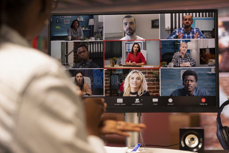 Teleworker doing remote teleconference meeting with colleagues, close up royalty free stock photography