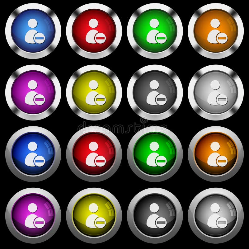 Remove user account white icons in round glossy buttons on black background stock illustration