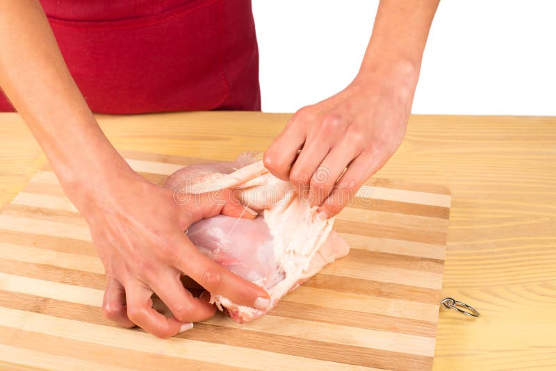 Removing Chicken Skin Stock Photo Image Of Hands Pull 29409102