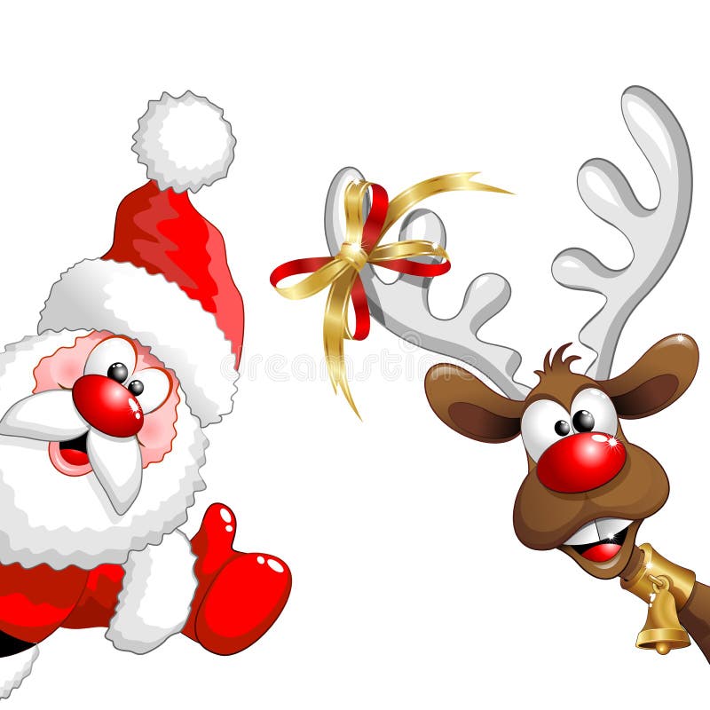 Fun and Happy Santa Claus and Reindeer Cartoon Characters, looking like saying: Hi There! Christmas is Here!. Fun and Happy Santa Claus and Reindeer Cartoon Characters, looking like saying: Hi There! Christmas is Here!