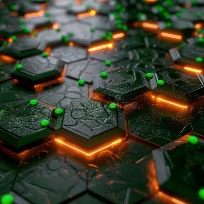 Rena grönområden på texturerade hexagoner med glödande orange linjer stock illustrationer