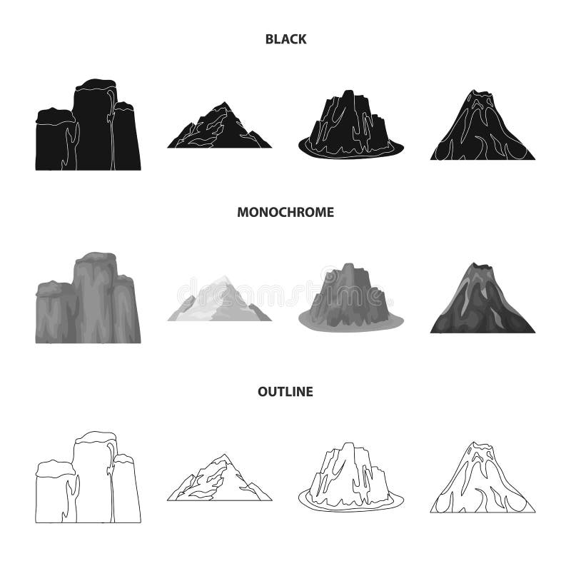 Rena klippor, ett vulkanutbrott, ett berg med en strand, en glaciär Fastställda samlingssymboler för olika berg i svart stock illustrationer Rena klippor, ett vulkanutbrott, ett berg med en strand, en glaciär Fastställda samlingssymboler för olika berg i svart stock illustrationer