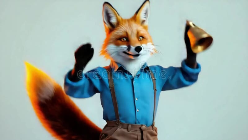 Renard anthropomorphe en chemise bleue et bretelles sonne une cloche en laiton avec une queue orange floue illustration de vecteur