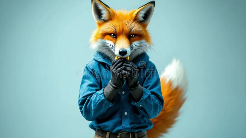 Renard anthropomorphique en chemise bleue et gants noirs mangeant un sandwich sur fond bleu clair illustration libre de droits