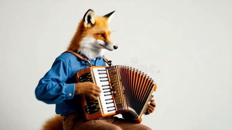 Renard anthropomorphique jouant d'un accordéon portant une chemise bleue et un pantalon marron illustration stock