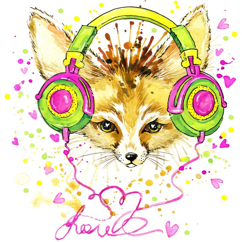 Renard drôle de Fennec et écouteurs à la mode avec l'éclaboussure d'aquarelle texturisée illustration stock Renard drôle de Fennec et écouteurs à la mode avec l'éclaboussure d'aquarelle texturisée illustration stock