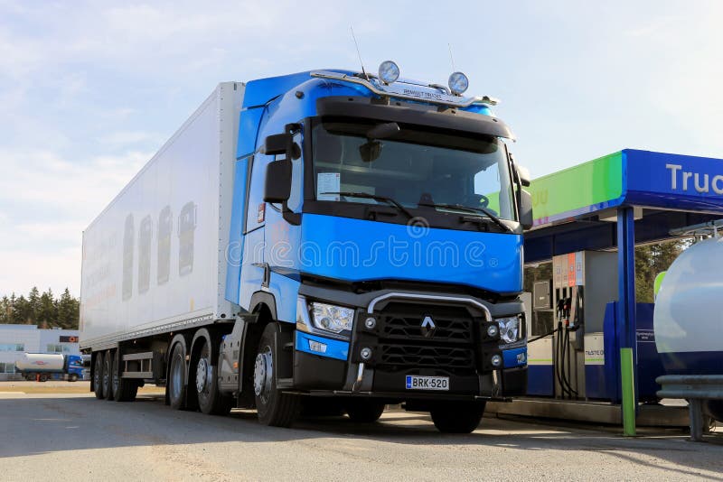 LIETO, FINLAND - APRIL 5, 2014: Renault T460 Truck being refueled. Renault Trucks presents the new Renault T460 as part of their new T range at Volvo Trucks and Renault Trucks roadshow.