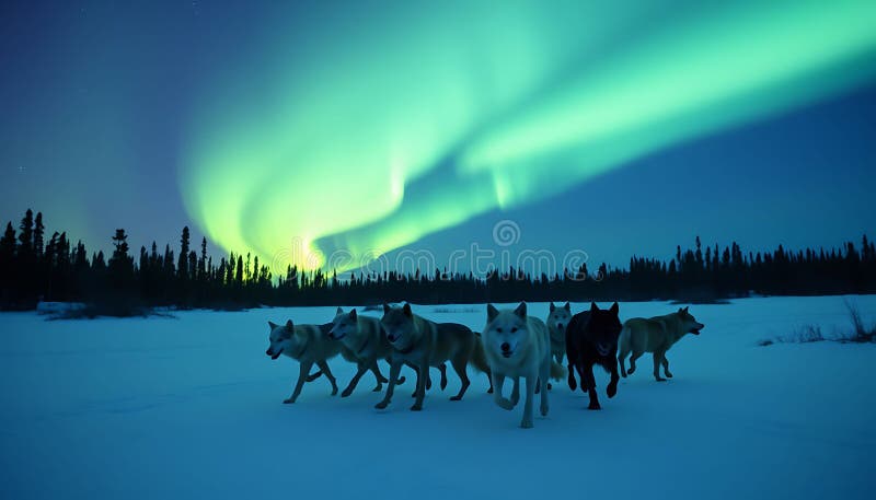 Renbesättningssilhuett nattetid Arktiska djur vinterscen Stoto Generative AI vektor illustrationer
