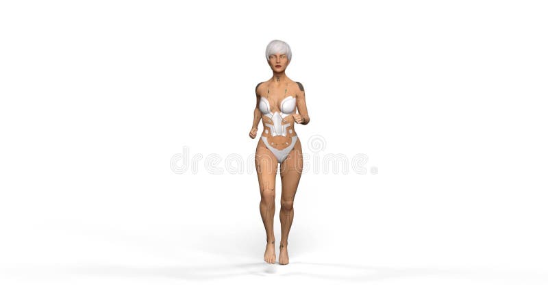 Rendent 3d : Le robot femelle fonctionne avec le fond blanc illustration stock
