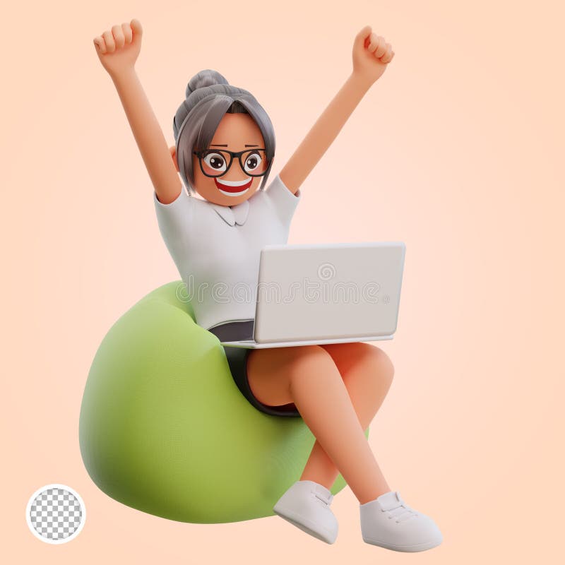 3d render cute business woman hold laptop