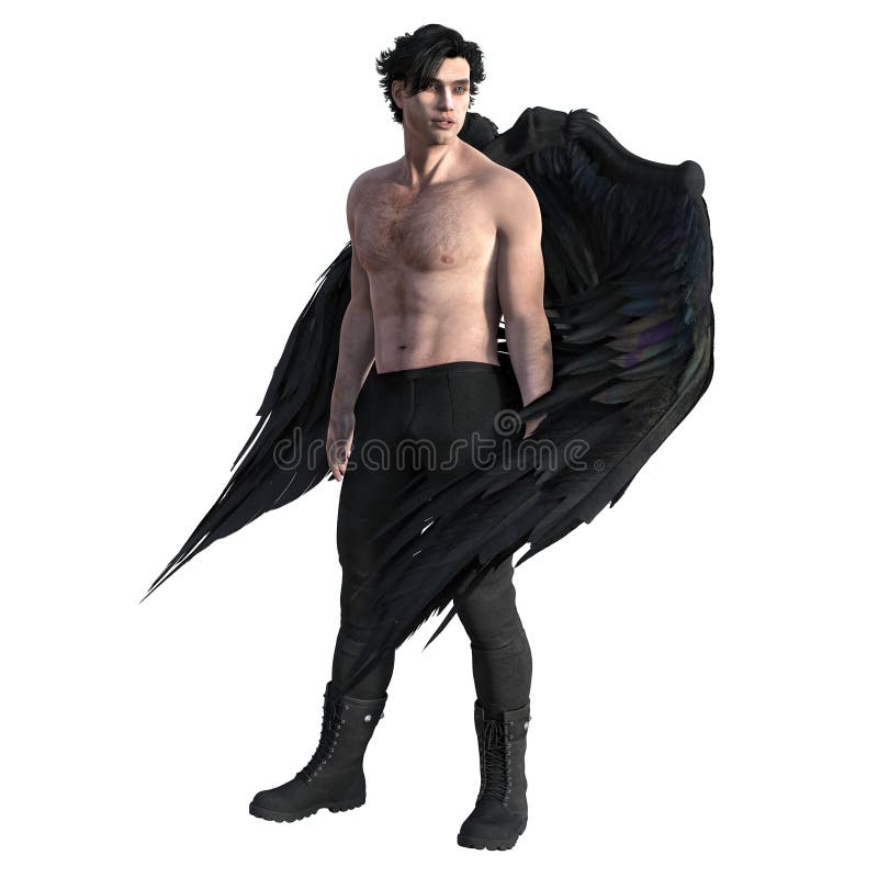Handsome Man as a Dark Angel with Black Wings