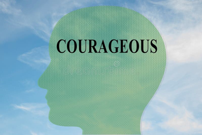 Render illustration of COURAGEOUS title on head silhouette, with cloudy sky as a background