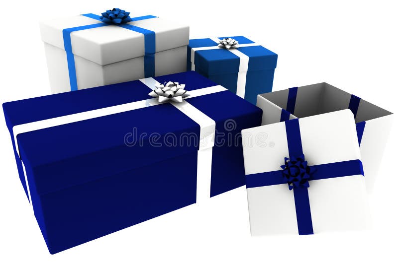 Rendered Blue and White Presents with Open Box