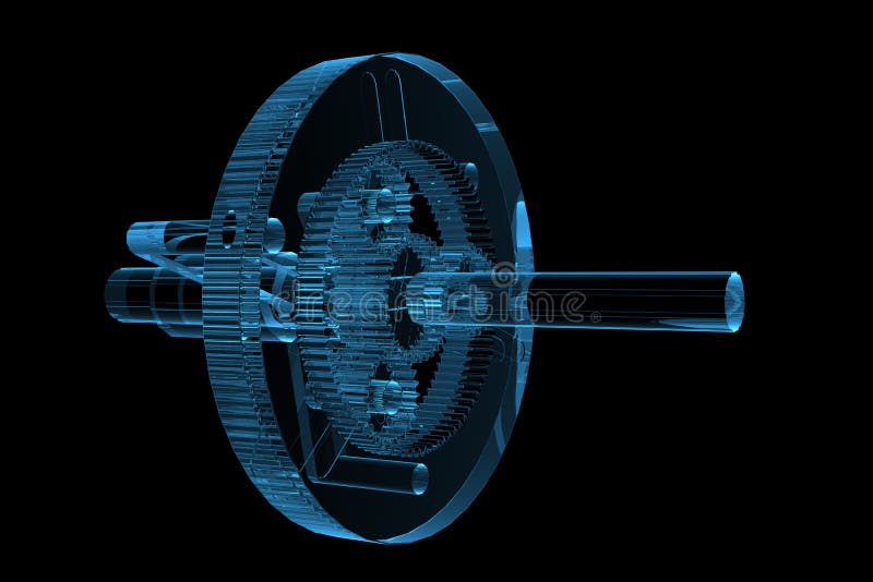 Rendered blue xray transparent planetary gear stock illustration