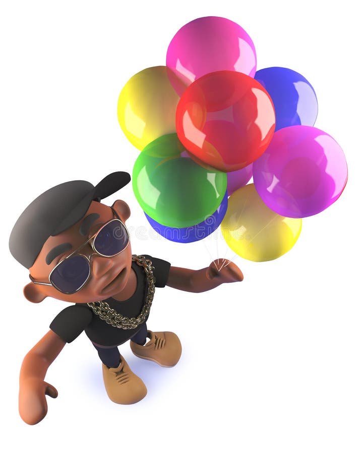 Cartoon black African American hiphop rapper with balloons, 3d illustration vector illustration Cartoon black African American hiphop rapper with balloons, 3d illustration vector illustration