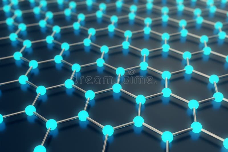 Rendering abstract nanotechnology hexagonal geometric form close-up, concept graphene atomic structure, molecular. stock illustration