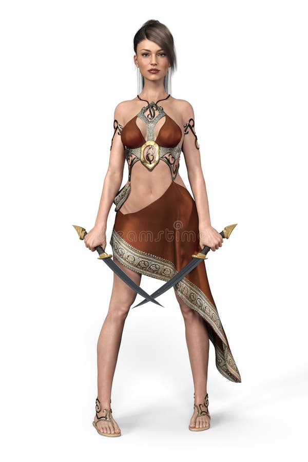 Rendering of a beautiful woman in a goddess style costume holding two swords