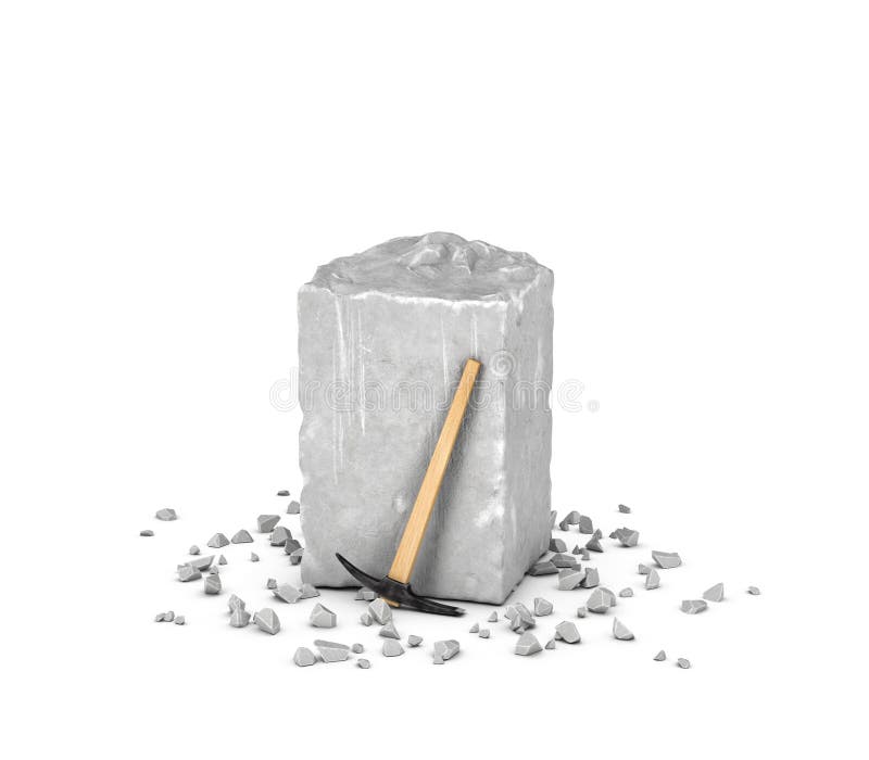 3d rendering of a big rectangular block of gray rock, its chips and a pick isolated on the white background. Mineral extraction. Traditional mining and equipment. Stone carving. 3d rendering of a big rectangular block of gray rock, its chips and a pick isolated on the white background. Mineral extraction. Traditional mining and equipment. Stone carving.
