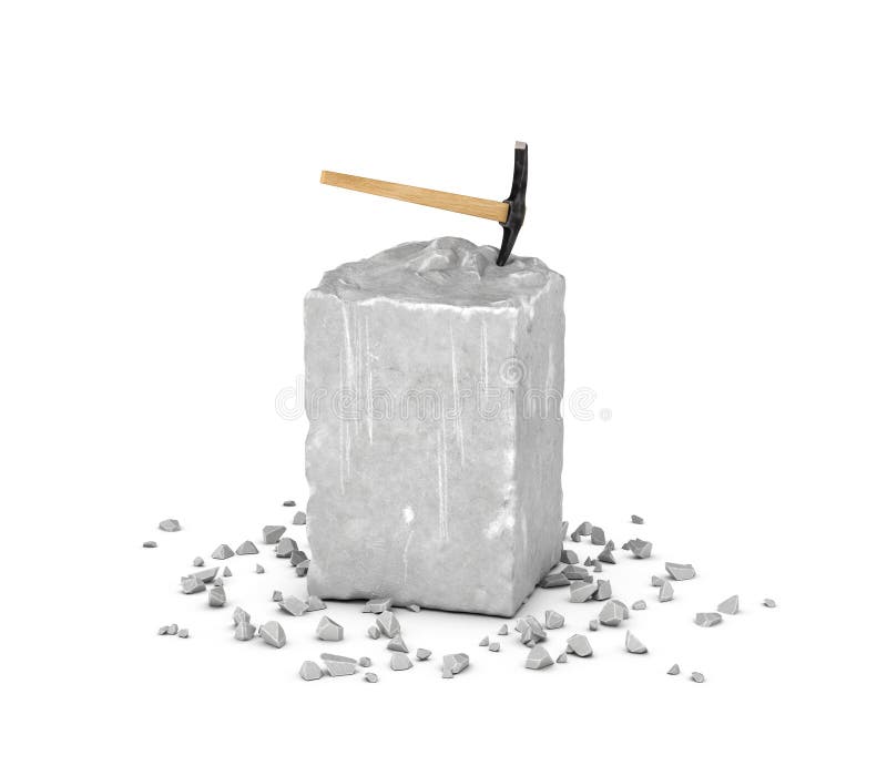 3d rendering of a big rectangular block of gray rock, its chips and a pick isolated on the white background. Mineral extraction. Traditional mining and equipment. Stone carving. 3d rendering of a big rectangular block of gray rock, its chips and a pick isolated on the white background. Mineral extraction. Traditional mining and equipment. Stone carving.