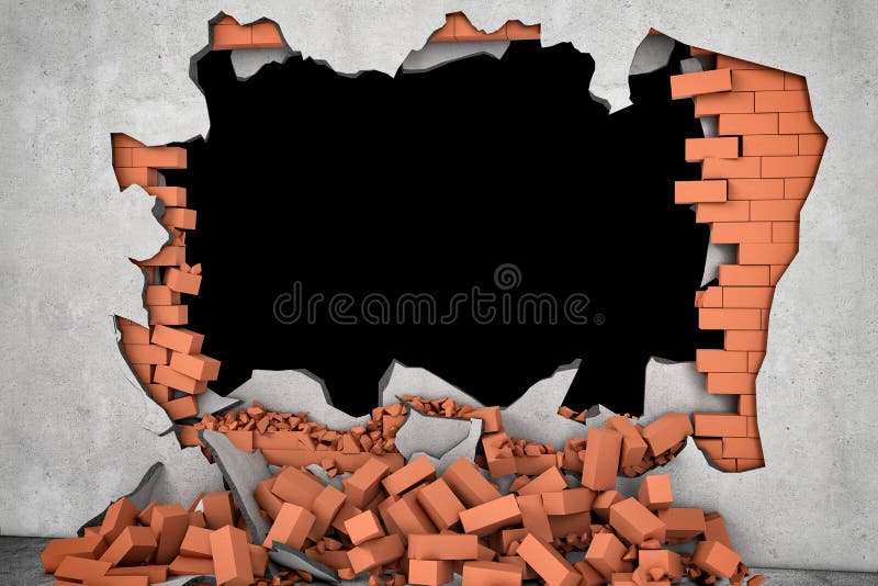 3d rendering of a broken wall with a black hole and a pile of rusty red bricks beneath. Construction and repair. Building and Reconstruction. House-building. General maintenance. 3d rendering of a broken wall with a black hole and a pile of rusty red bricks beneath. Construction and repair. Building and Reconstruction. House-building. General maintenance.