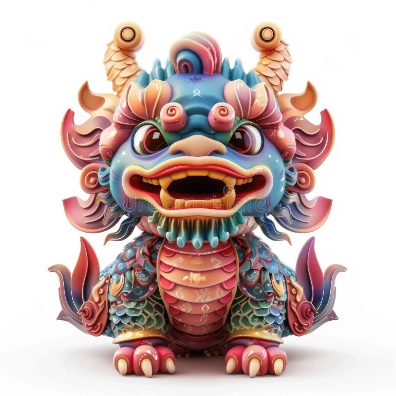 Rendering 3D con statua di Drago a colori adorabile illustrazione vettoriale