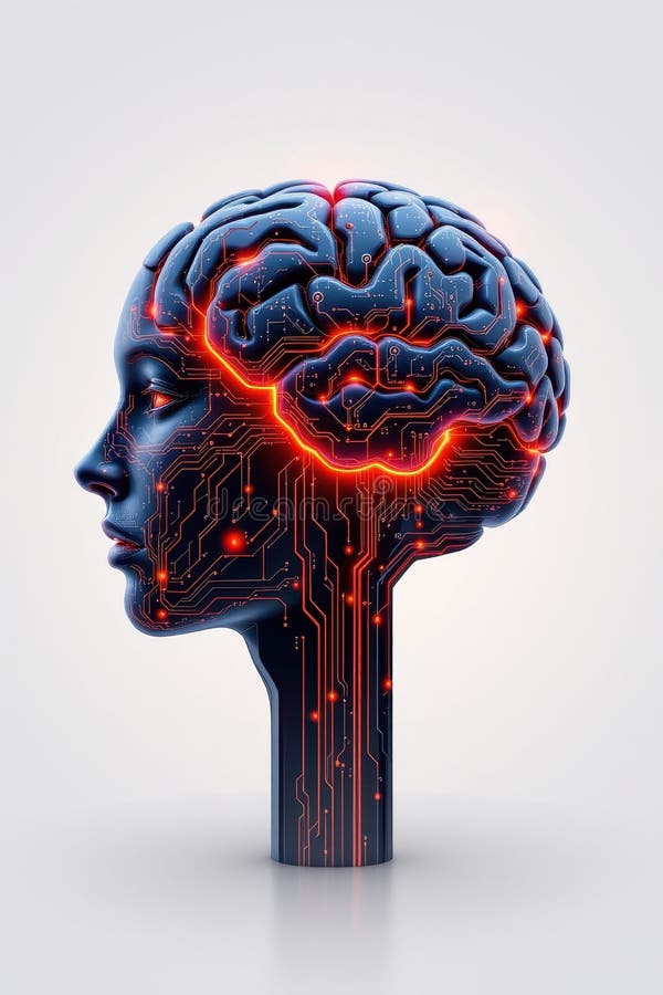 Rendering 3d del cervello di intelligenza artificiale con circuiti e nodi luminosi in stile digitale ad alta tecnologia illustrazione di stock